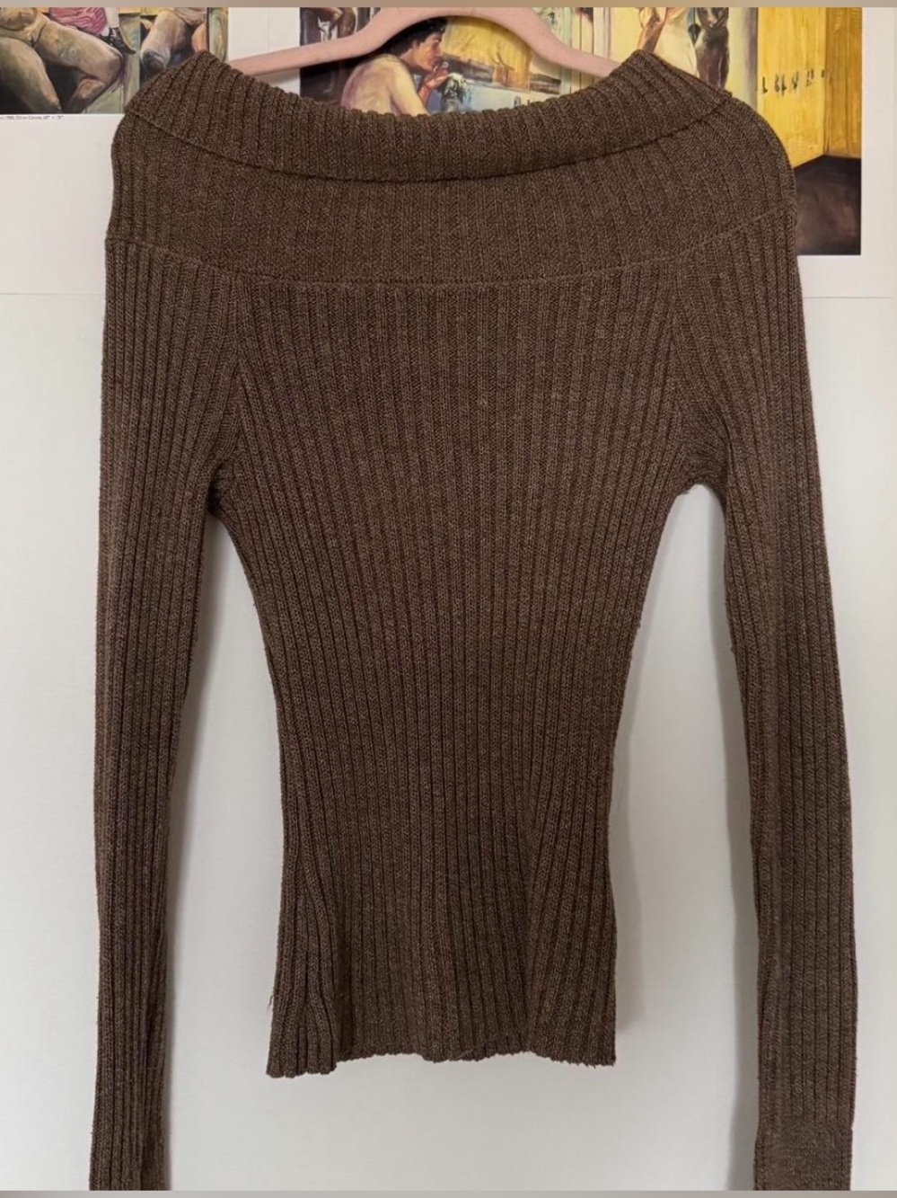 Ribbed Off-Shoulder Brown Sweater